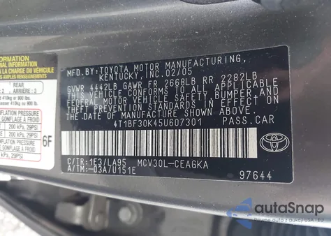 2005 Toyota Camry Xle V6 from USA, damaged, VIN 4T1BF30K45U607301